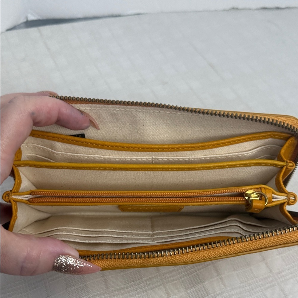 Margot Anna Zip Around Leather Wallet in marigold yellow. - Picture 7 of 9